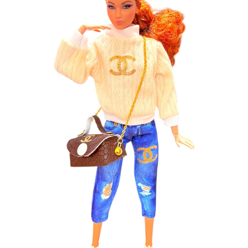 Fashion Doll in Cream Sweater & Blue Jeans with Brown Handbag - Picture 4 of 9